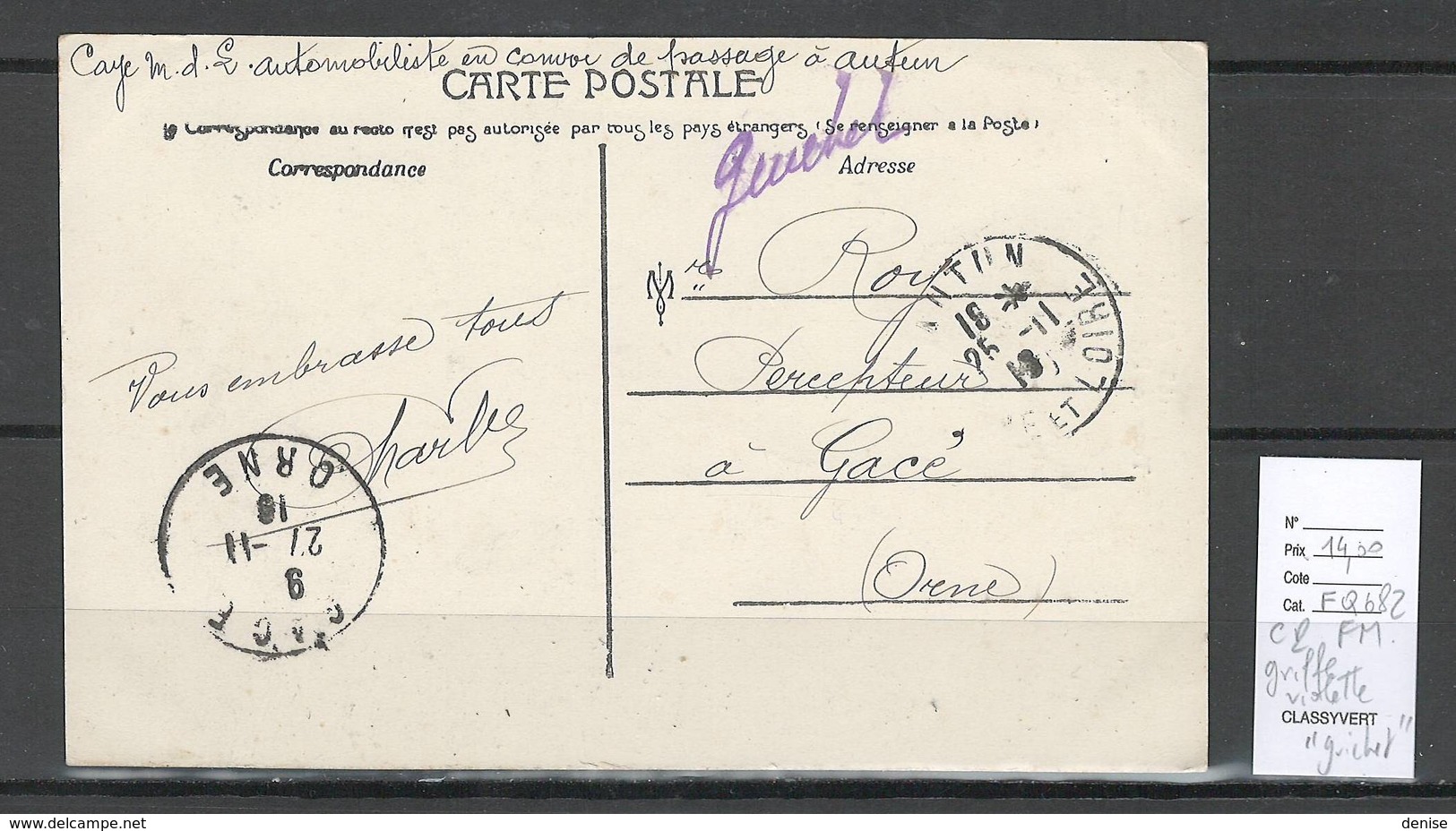 France - Lettre FM - AUTUN - Griffe " Guichet " -1916 - En Violet - WW I