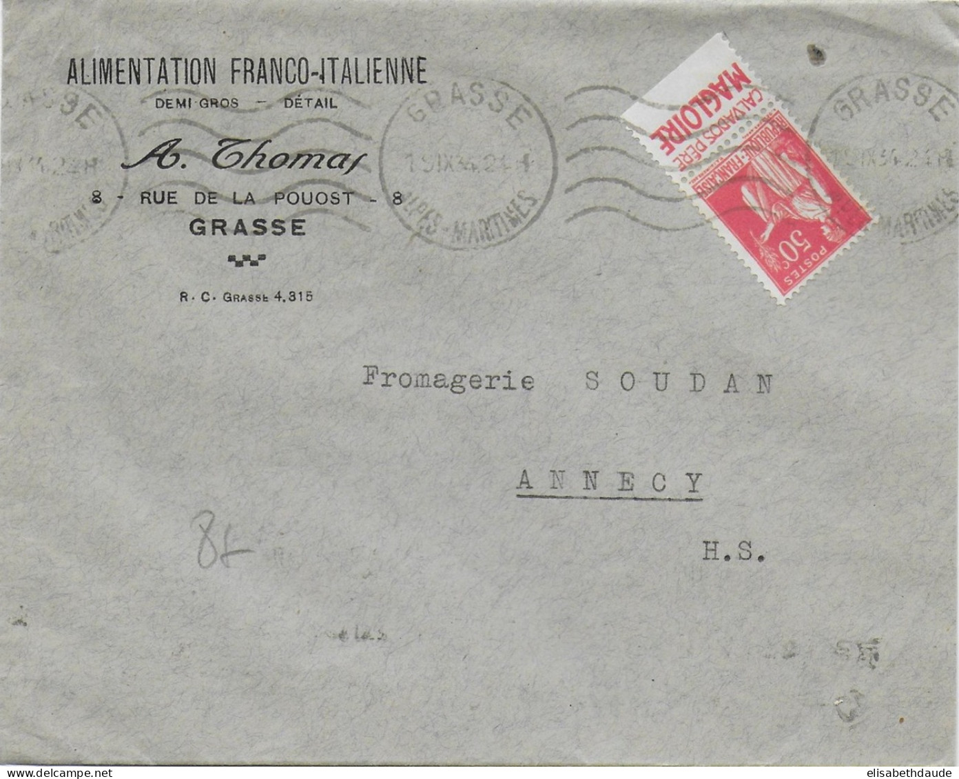 1934 - BANDE PUB CALVADOS PERE MAGLOIRE TYPE PAIX Sur ENVELOPPE De GRASSE - Lettres & Documents