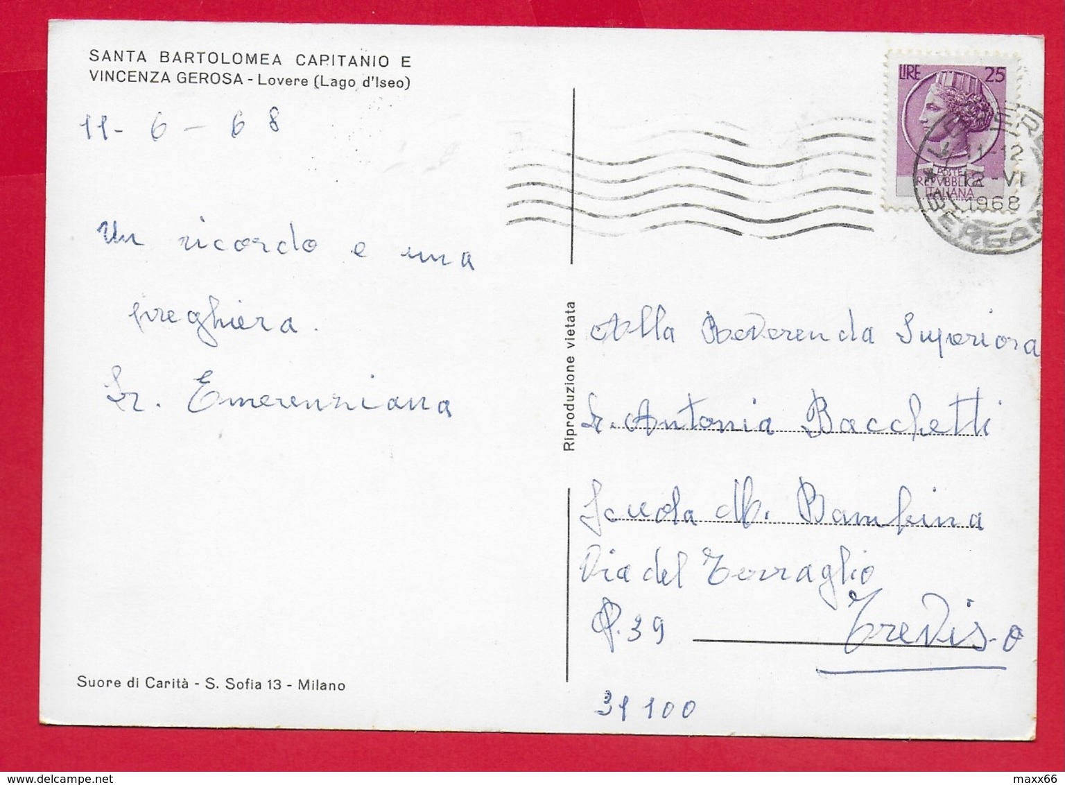 CARTOLINA VG ITALIA - Santa Bartolomea CAPITANIO E Vincenza GEROSA - LOVERE (BS) - 10 X 15 - 1968 - Santi