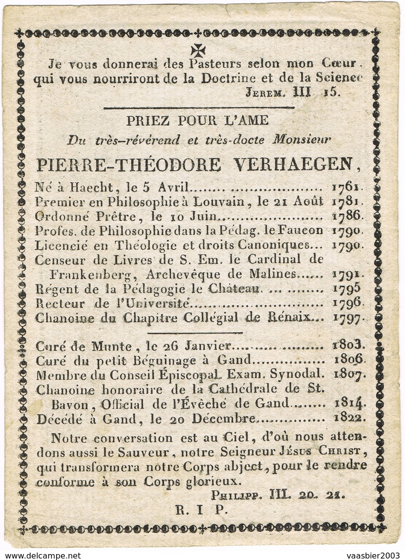 HAECHT - LEUVEN - MECHELEN - RONSE  - GENT - Doodsprentje Van PRIESTER VERHAEGEN PIERRE-THEODORE   + In 1822 - Images Religieuses