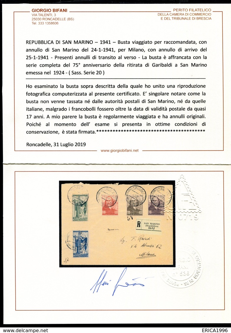 G43-34 SAN MARINO 1941 Ritirata Di Garibaldi A S. Marino, Serie Completa Del 1924 Su Raccomandata, Da San Marino 24.1.19 - Storia Postale