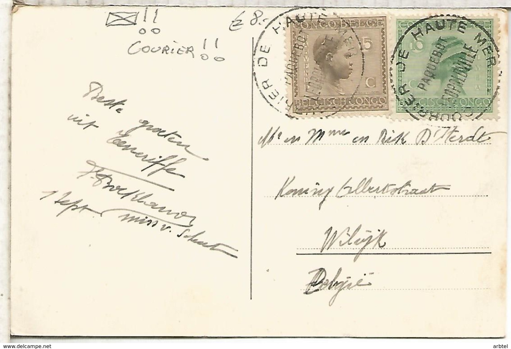 BELGISH CONGO TENERIFE POSTCARD WIRH LEOPOLDVILLE PAQUEBOT COURRIER DE HAUTE MER - Otros & Sin Clasificación