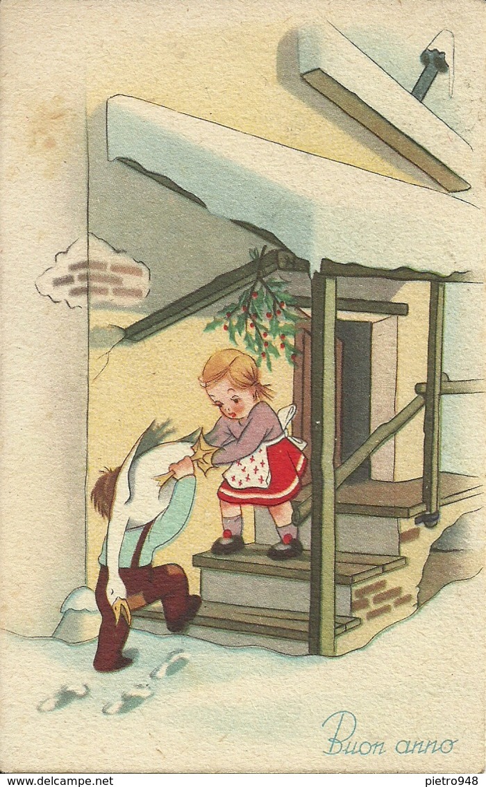 Cartolina "Buon Anno", Bambino Con Un'Oca Sulle Spalle (S01), Illustrazione Umoristica - Anno Nuovo