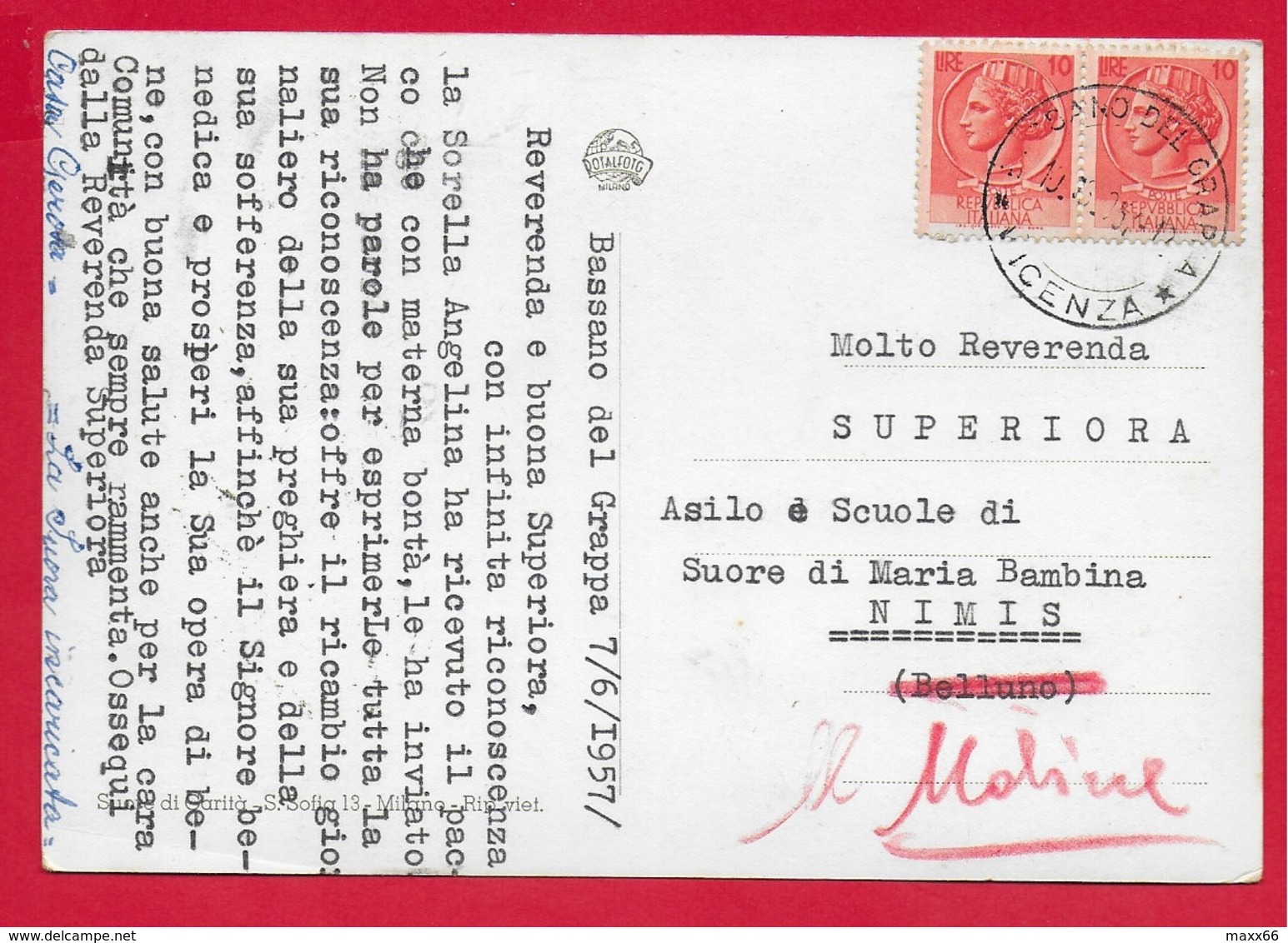 CARTOLINA VG ITALIA - Santa Vincenza GEROSA - Suore Di Carità - 10 X 15 - 1957 - Santi