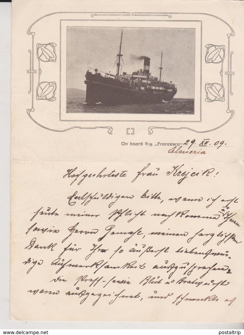 CARTA ON BOARD SS FRANCESCA 1909 ALMERIA SPAIN ESPAÑA 33*22 CM - Barcos