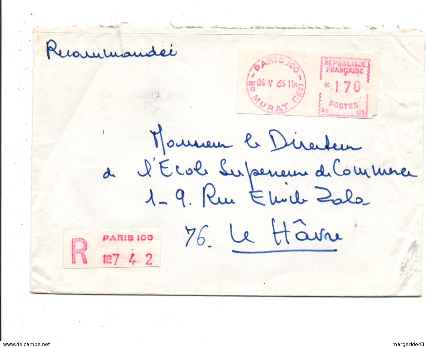 LETTRE RECOMMANDEE AFFRANCHIE PAR VIGNETTE DE PARIS 100 1965 - 1961-....