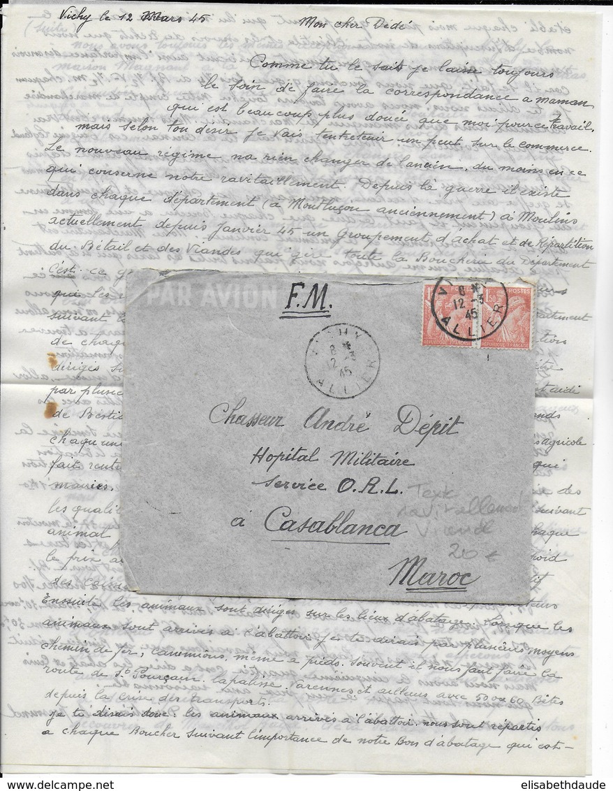 1945 - LETTRE FM De VICHY => HOPITAL MILITAIRE De CASABLANCA (MAROC) - TEXTE (RAVITAILLEMENT VIANDE) - WW II