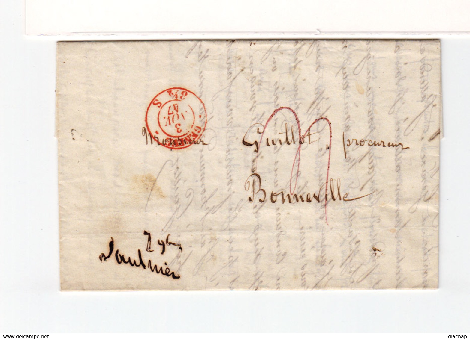 Sur LAC Pour Bonneville CAD Rouge Genéve 3 Nov. 1847. Cachet Linéaire Nove 4. (2476x) - Marcophilie