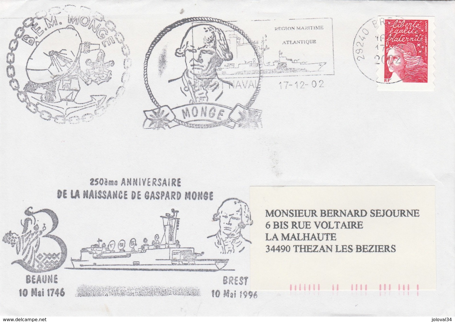 Admission Au Service Actif BEM MONGE 250 Ans De Gaspart Monge Brest 17/12/2002 2 Scan Enveloppe 1 - Naval Post