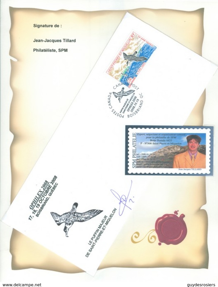 Puffin Majeur, Oiseau; Timbre Et Cachet Sur Env. Signée J.J. Tillard. Boisbriand 2008. FRAIS De POSTE (6996) - Cartas & Documentos