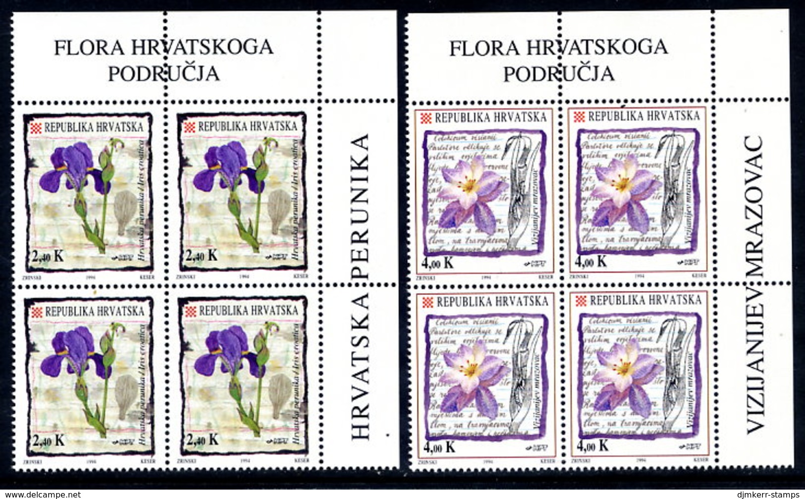 CROATIA 1994 Flowers Blocks Of 4 MNH / **.  Michel 276-77 - Croatie