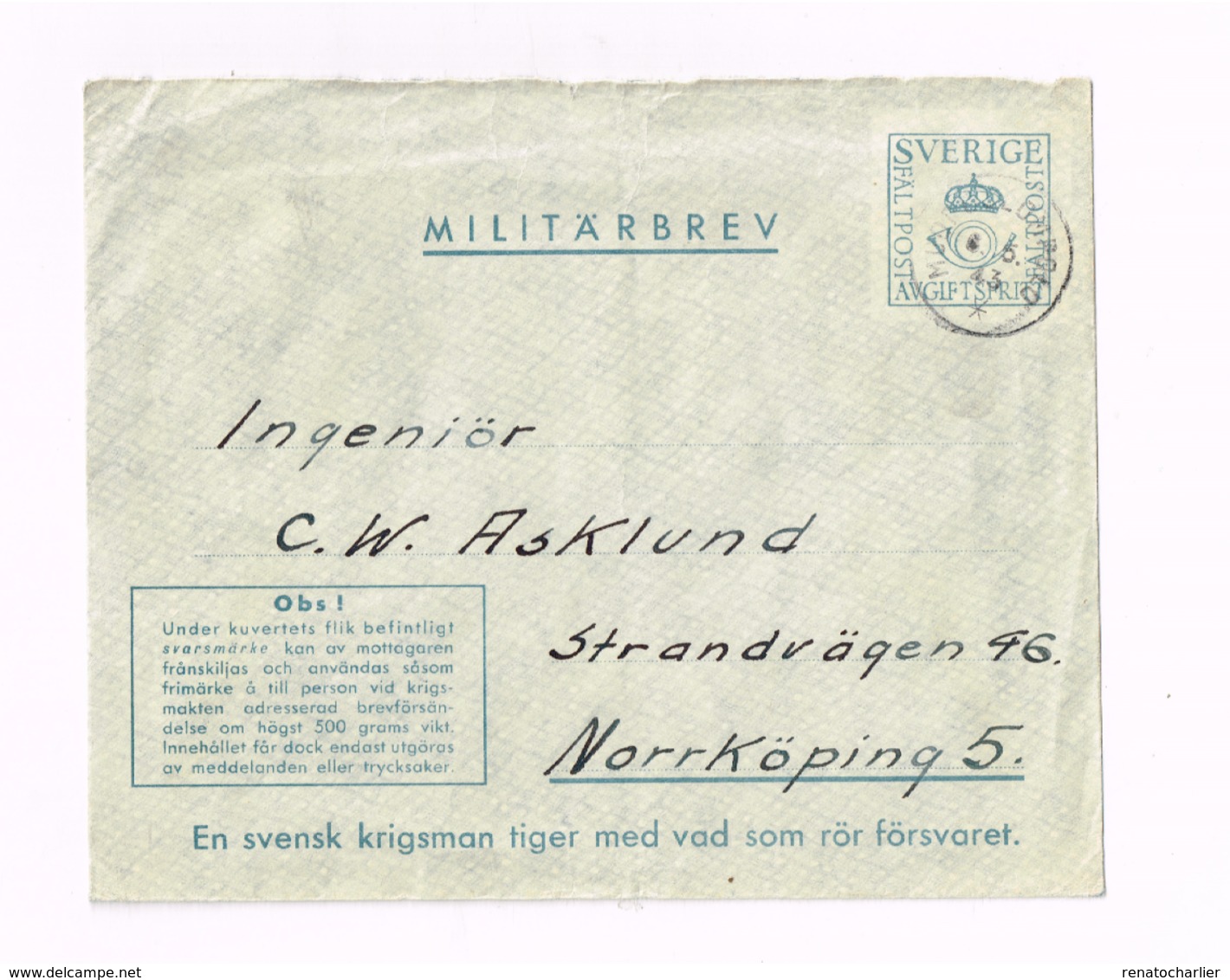 Militärbrev.Expédié à Norrköping. - Militaires