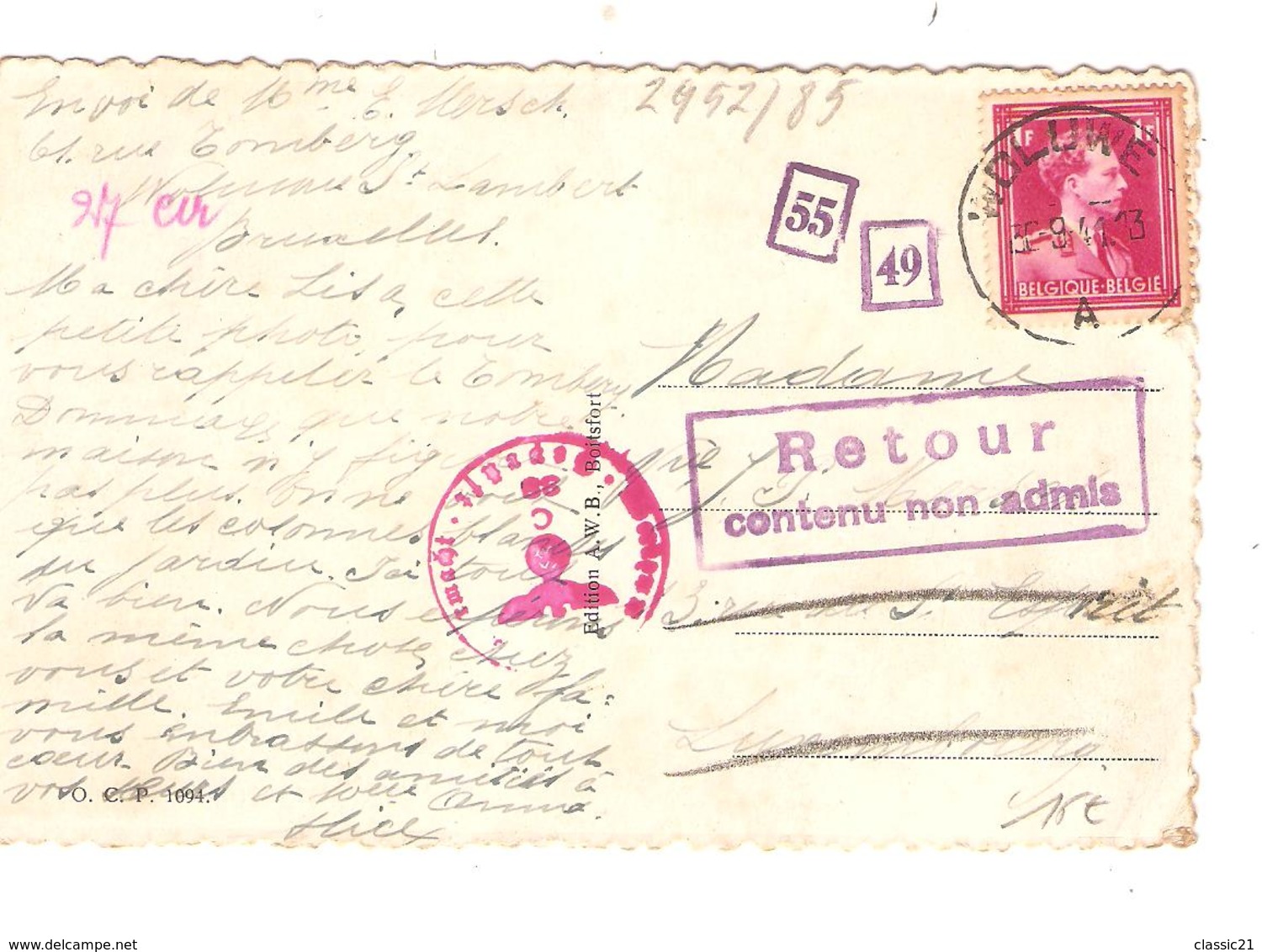 3346/ 528 Léopold Col Ouvert S/CP C.Woluwé 30/9/41 Censure 'c' + Griffe Retour Contenu Non Admis > Luxembourg - WW II (Covers & Documents)