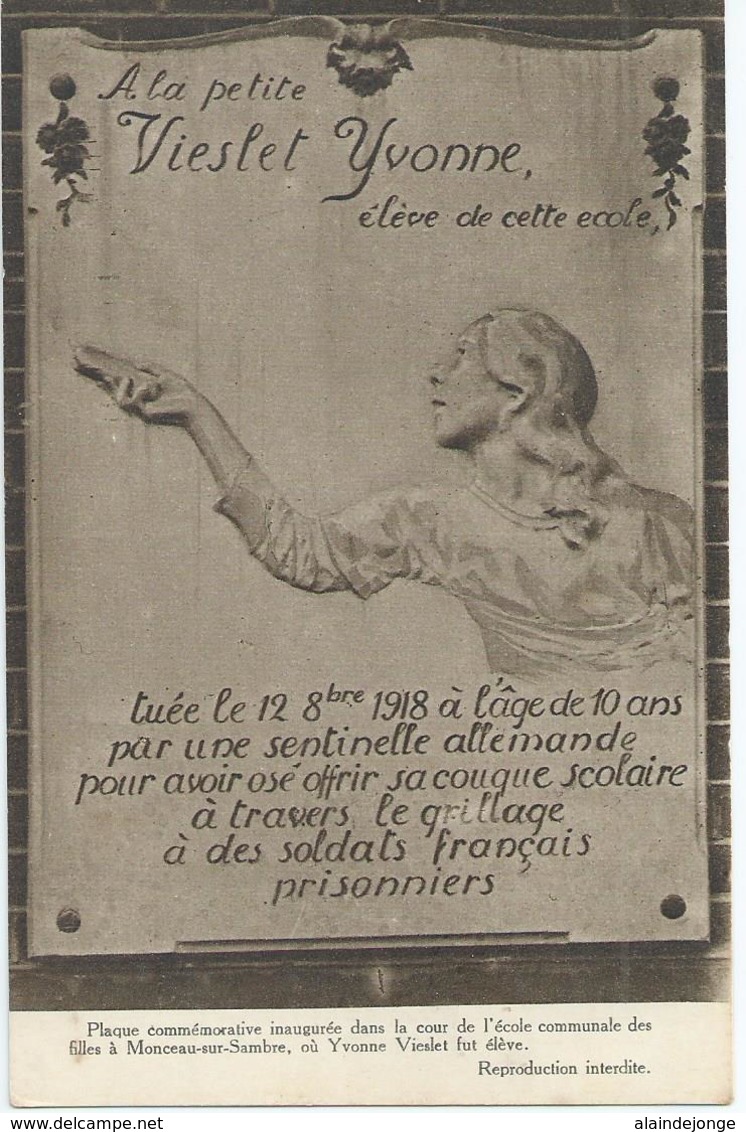 Monceau-sur-Sambre - Yvonne Vieslet - Plaque Commémorative - Autres & Non Classés