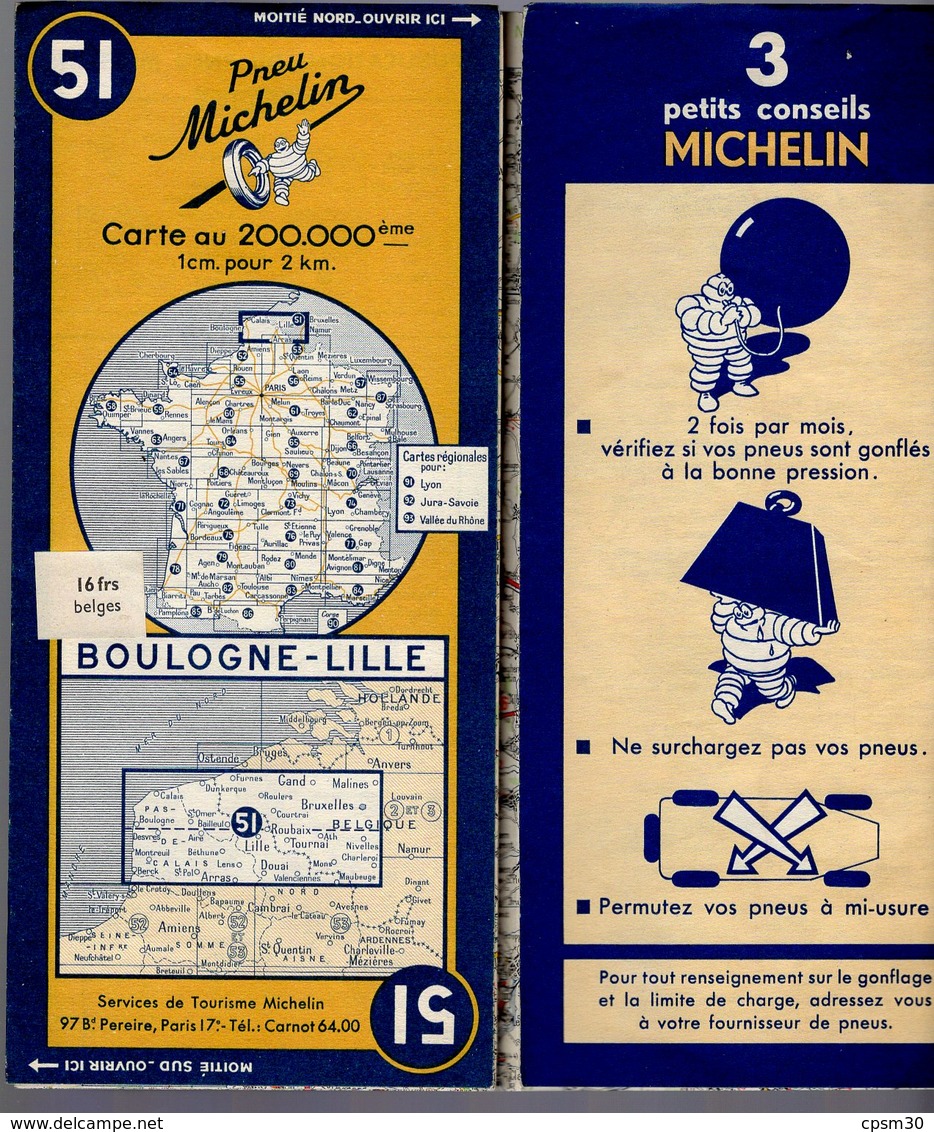 Carte Géographique MICHELIN - N° 051 BOULOGNE - LILLE - 1949 - Cartes Routières