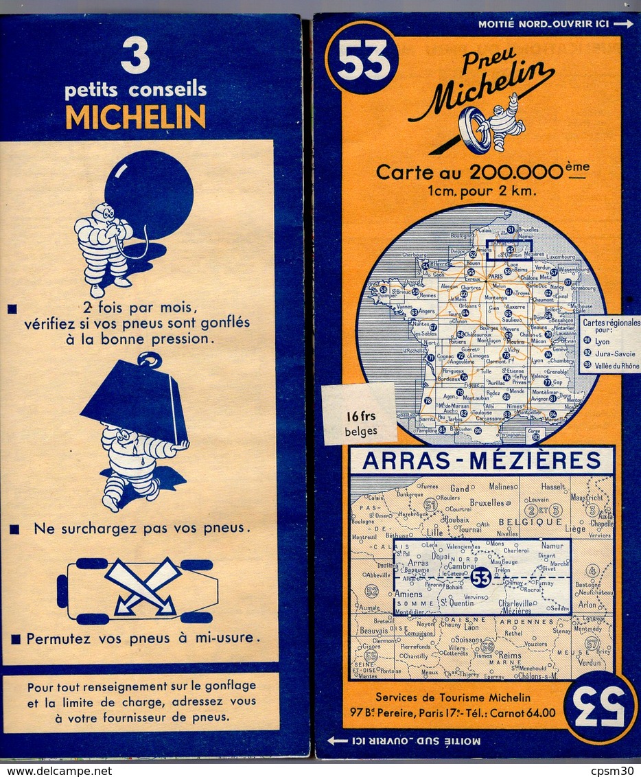 Carte Géographique MICHELIN - N° 053 ARRAS - MÉZIÈRES 1949 - Roadmaps