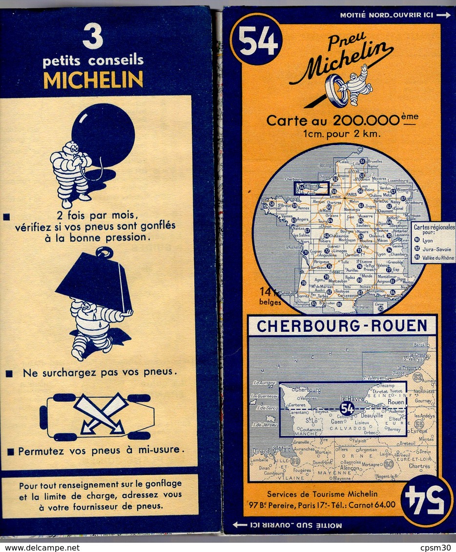 Carte Géographique MICHELIN - N° 054 CHERBOURG - ROUEN 1950 - Cartes Routières
