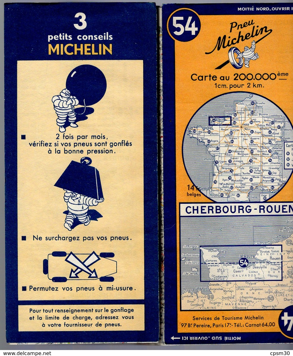 Carte Géographique MICHELIN - N° 054 CHERBOURG - ROUEN 1950 - Roadmaps