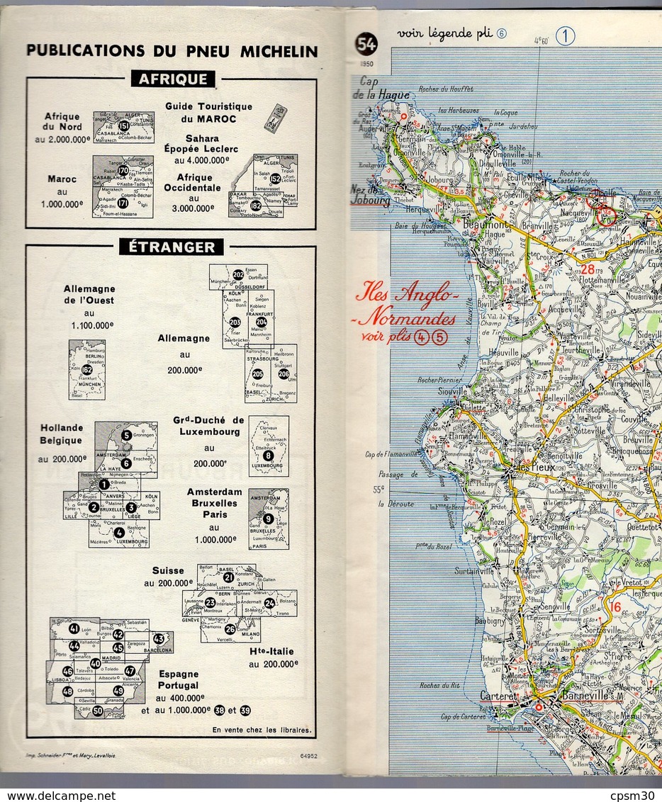 Carte Géographique MICHELIN - N° 054 CHERBOURG - ROUEN 1950 - Wegenkaarten