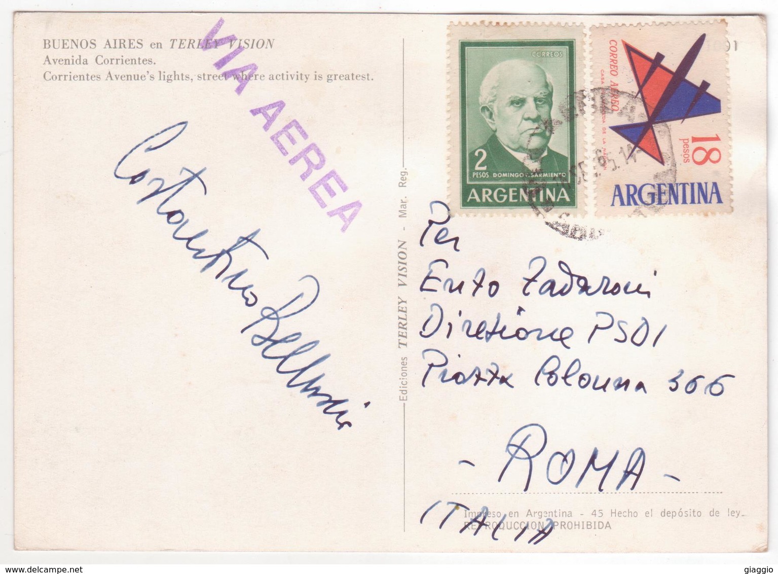 °°° 13753 - ARGENTINA - BUENOS AIRES EN TERLEY VISION - AVENIDA CORRIENTES - 1965 With Stamps °°° - Argentina