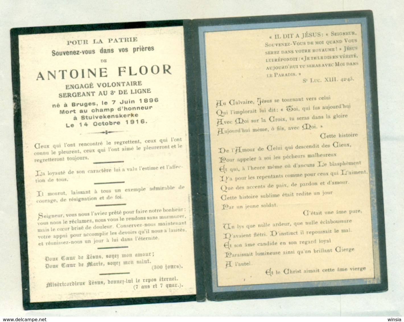 Doodsprentje Antoine Floor - Brugge / Stuivekenskerke  - Gesneuvelde / Soldaat WW1 WO1 - Obituary Notices