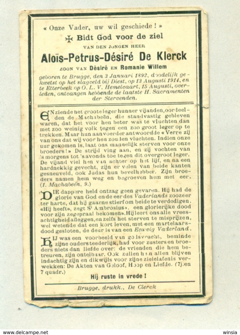 Doodsprentje Alois Petrus Desire De Klerck - Brugge / Diest / Etterbeek - Gesneuvelde / Soldaat WW1 WO1 - Décès