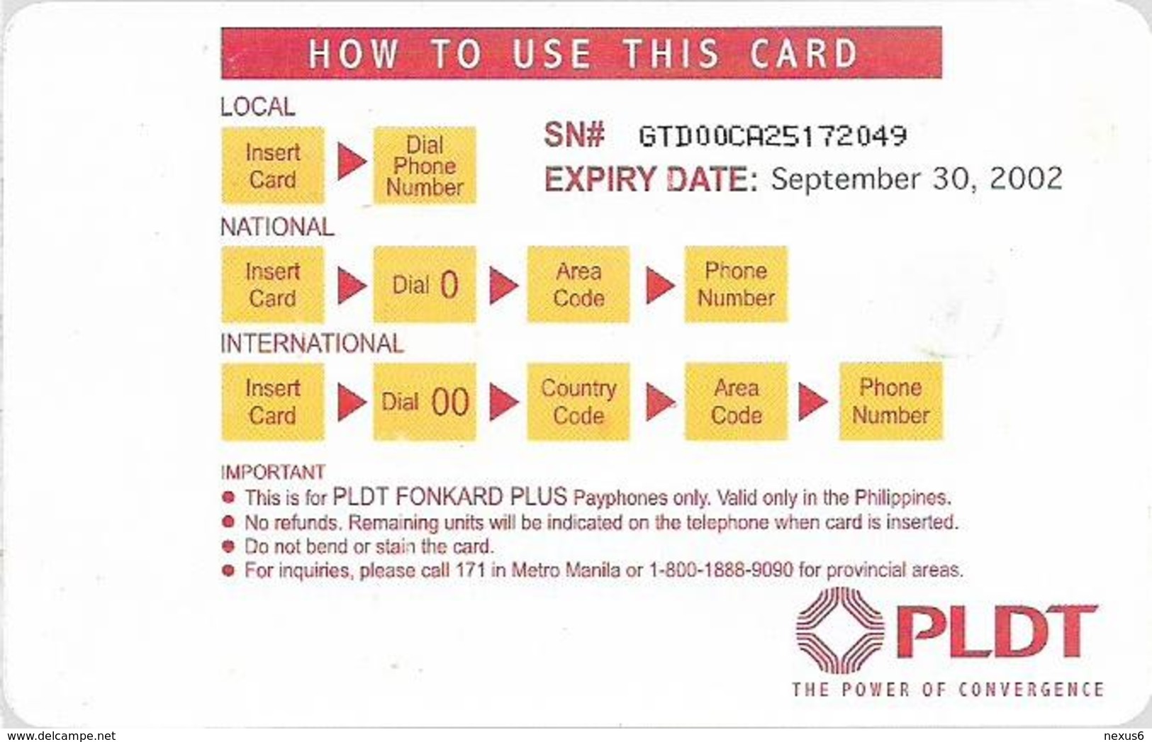 Philippines - PLDT (Chip) - Green Generic - Exp.30.09.2002, Chip Gem Red, Cn. GTD, 100₱, Used - Philippines