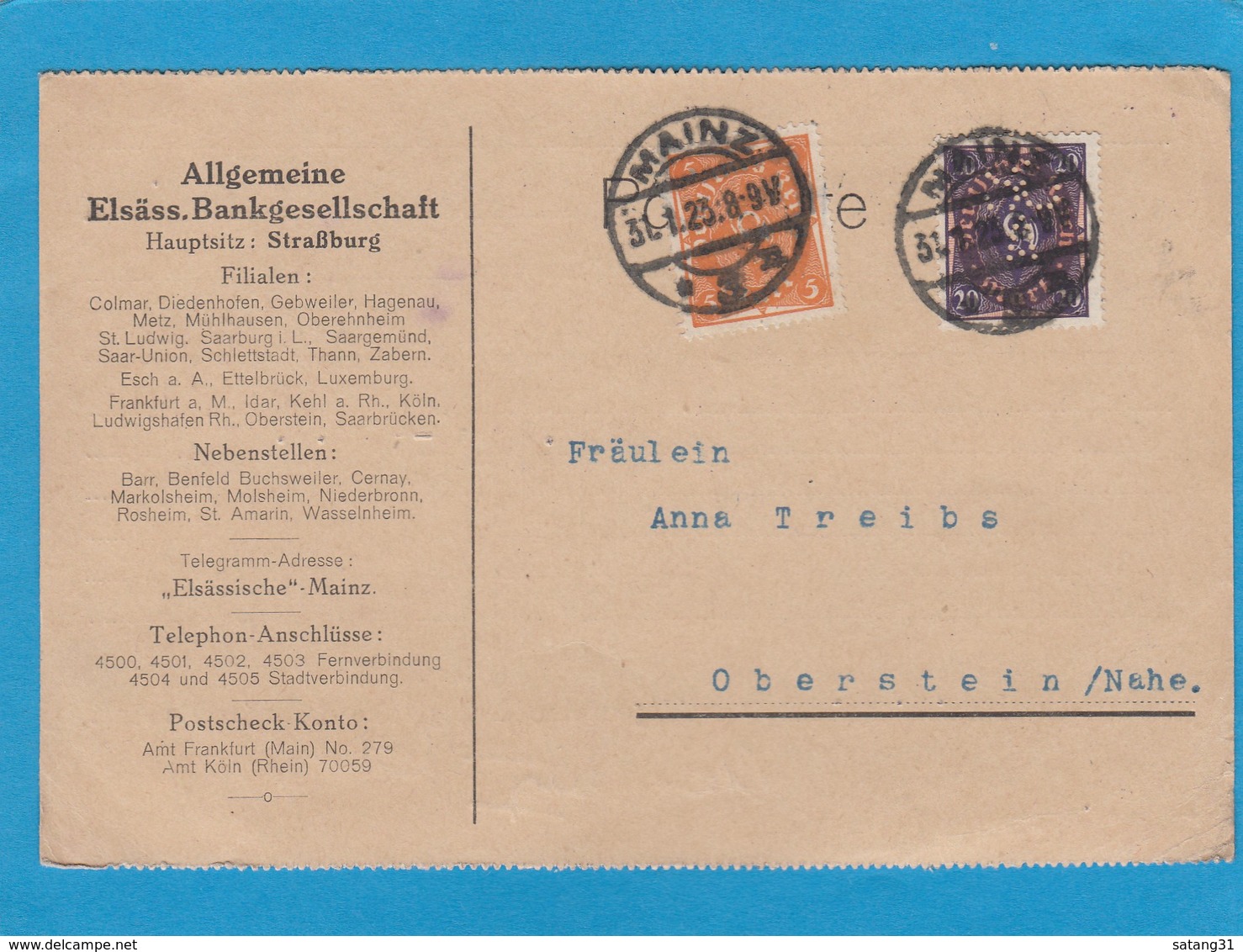 PERFIN/PERFORATION/FIRMENLOCHUNG .ALLGEMEINE ELSÄSS. BANKGESELLSCHAFT. - Lettres & Documents