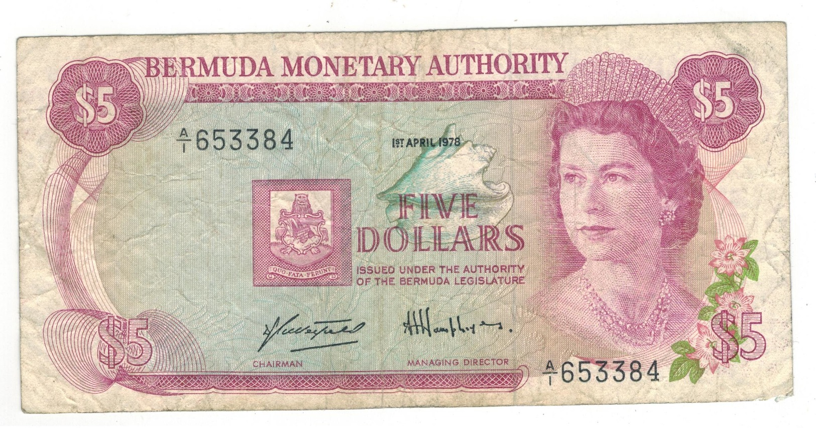 Bermuda  5 Dollars ,1978. F+. - Bermudas