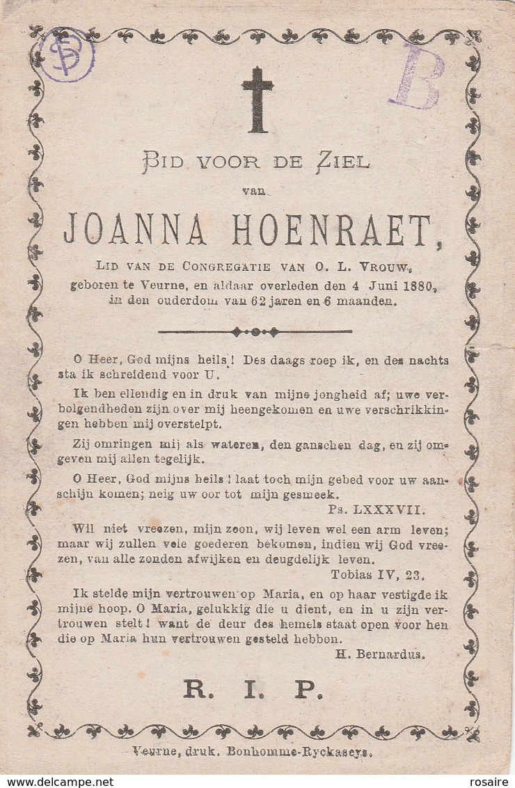 Veurne-joanna Hoenraet-1880 - Images Religieuses