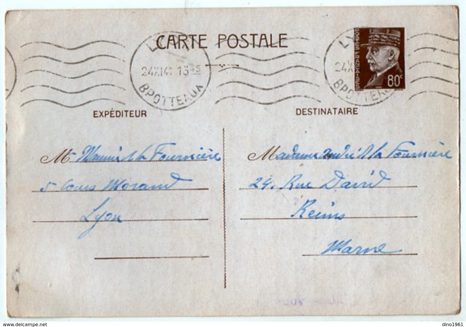 TB 2580 - Guerre 39 / 45 - CP - Entier Postal Type Pétain - Mr M De LA FOURNIERE à LYON Pour Mme De LA FOURNIERE à REIMS - Enveloppes Types Et TSC (avant 1995)