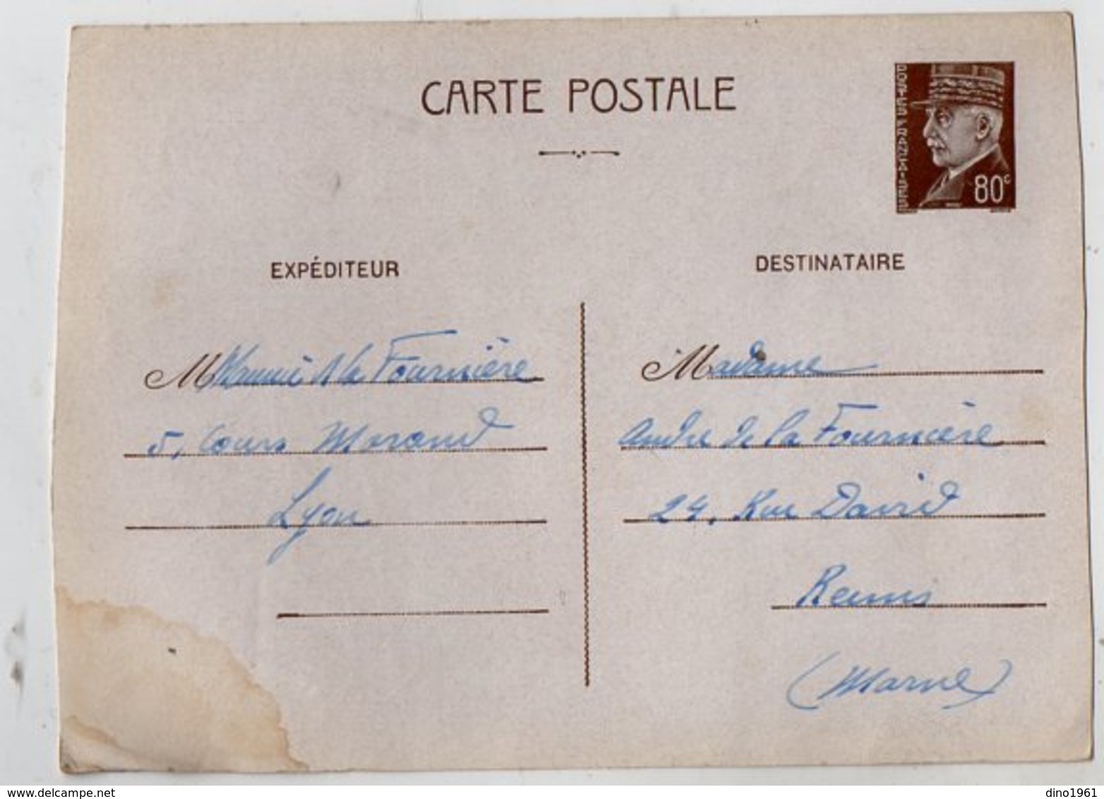 TB 2581 - Guerre 39 / 45 - CP - Entier Postal Type Pétain - Mr M De LA FOURNIERE à LYON Pour Mme De LA FOURNIERE à REIMS - Standaardomslagen En TSC (Voor 1995)