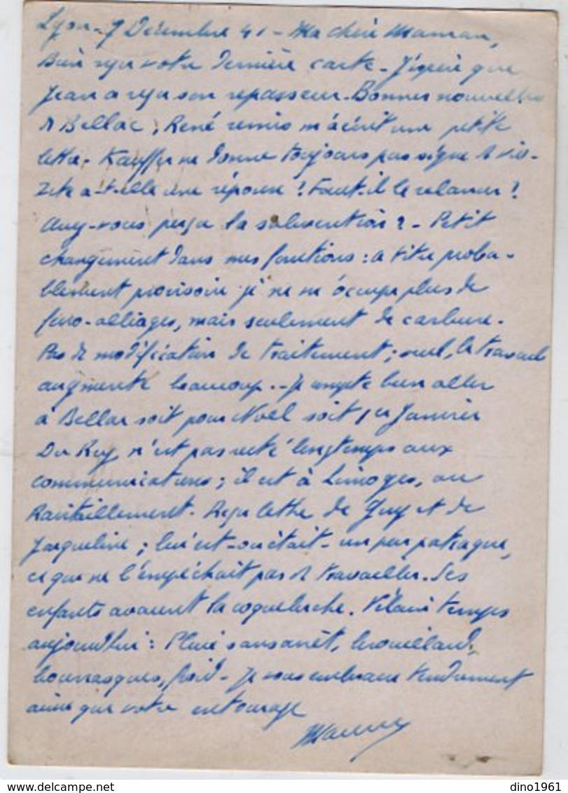 TB 2582 - Guerre 39 / 45 - CP - Entier Postal Type Pétain - Mr M De LA FOURNIERE à LYON Pour Mme De LA FOURNIERE à REIMS - Standard Covers & Stamped On Demand (before 1995)