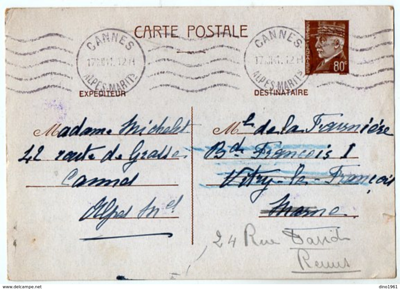 TB 2584 - Guerre 39 / 45 - CP - Entier Postal Type Pétain - Mme MICHELET à CANNES Pour Mme De LA FOURNIERE à REIMS - Standard Covers & Stamped On Demand (before 1995)