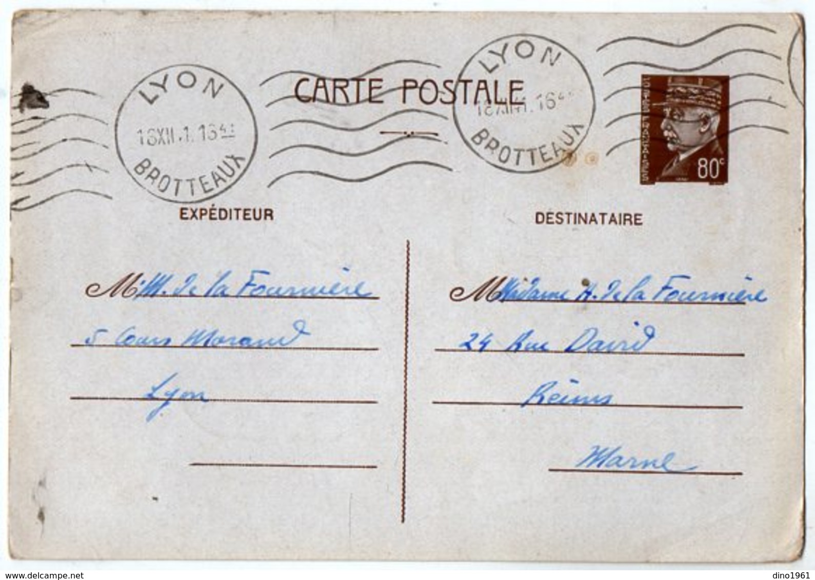 TB 2585 - Guerre 39 / 45 - CP - Entier Postal Type Pétain - Mr M De LA FOURNIERE à LYON Pour Mme De LA FOURNIERE à REIMS - Standaardomslagen En TSC (Voor 1995)