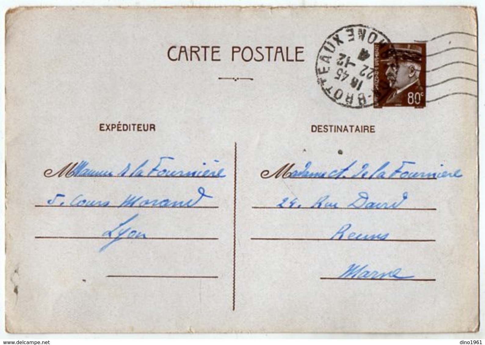 TB 2586 - Guerre 39 / 45 - CP - Entier Postal Type Pétain - Mr M De LA FOURNIERE à LYON Pour Mme De LA FOURNIERE à REIMS - Standard- Und TSC-Briefe (vor 1995)