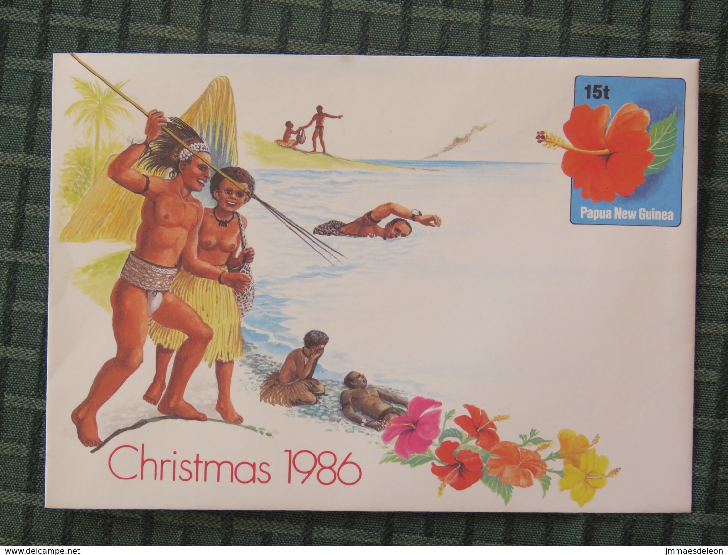 Papua New Guinea 1986 Unused Stationery Cover - Christmas - Man And Nude Woman Fishing - Flower - Swimming - Papúa Nueva Guinea