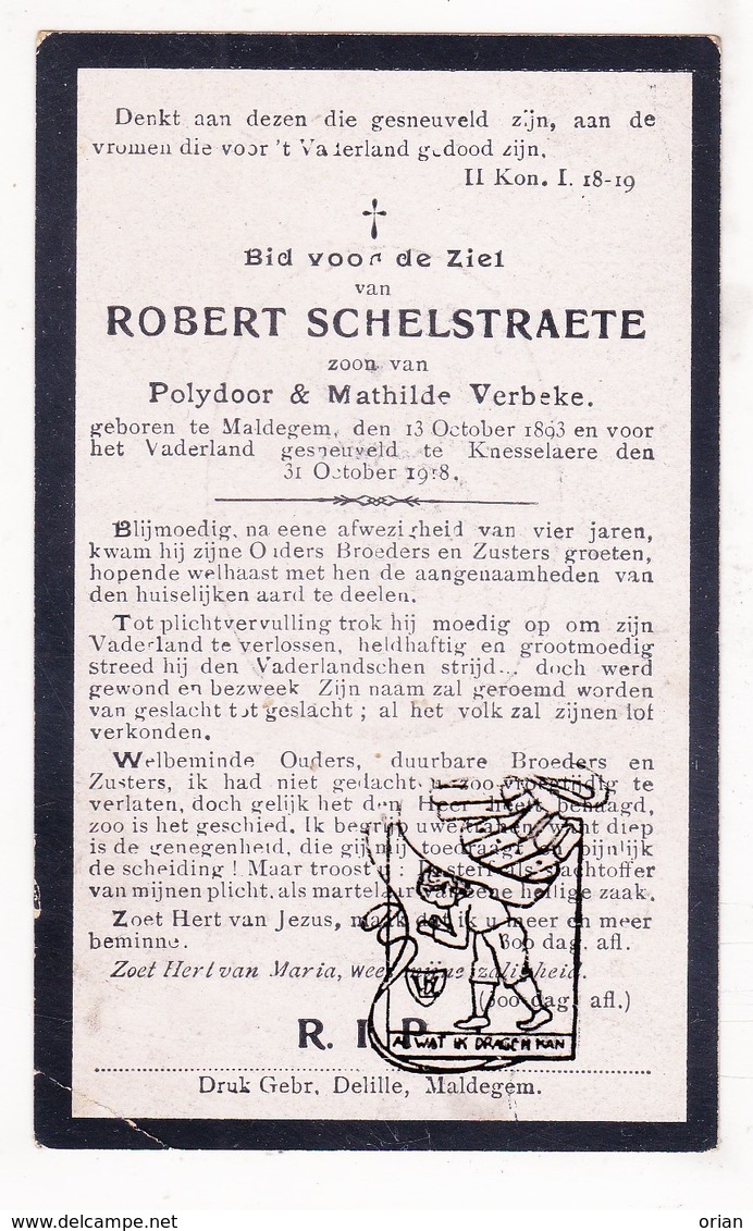 DP Foto - Gesneuveld WO I Oorlog 14-18 Robert Schelstraete / Verbeke ° Maldegem † Knesselare 1918 / Veldhospitaal Brugge - Images Religieuses