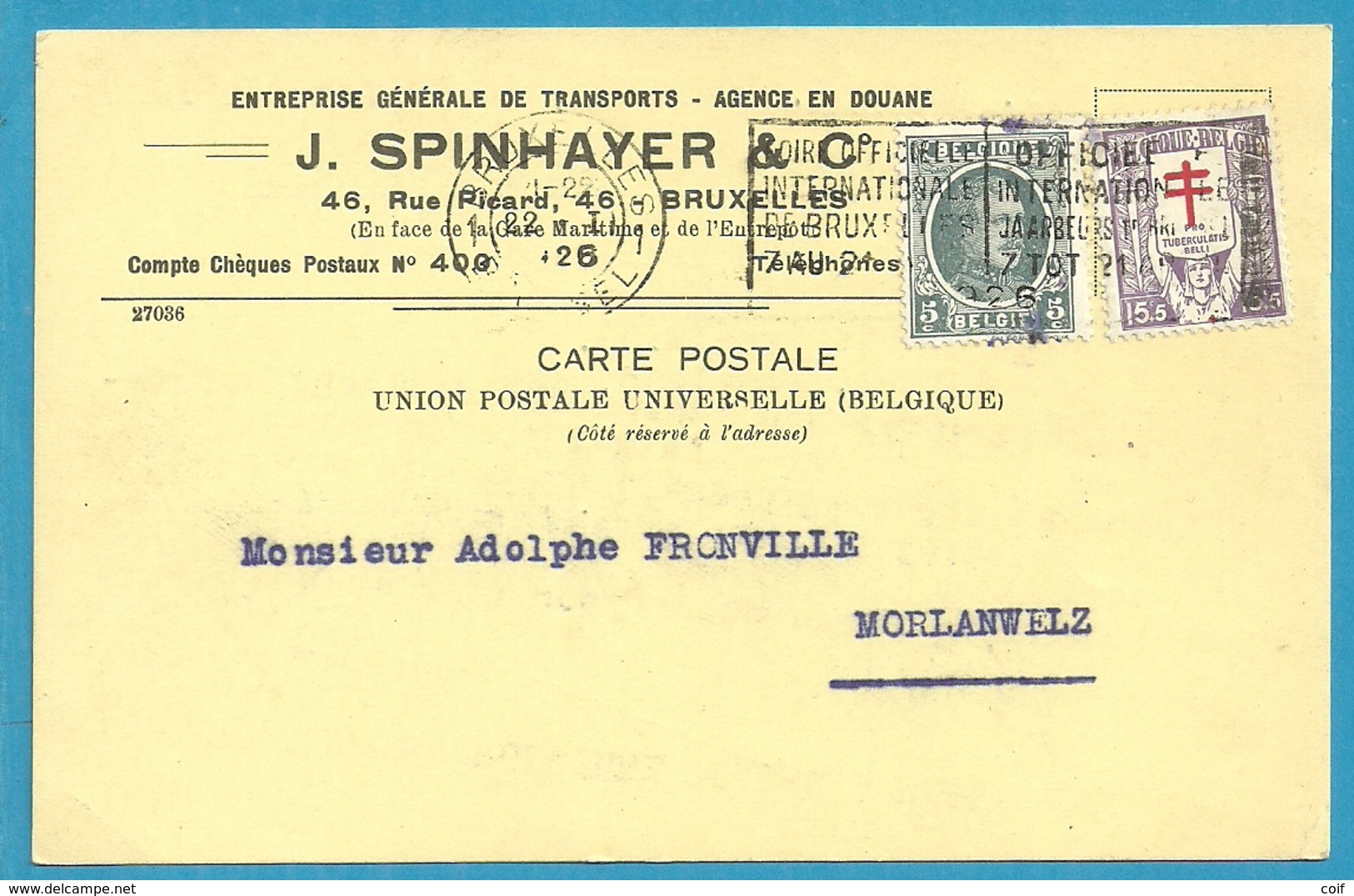 193+234 (Surtaxe / Tuberculose) Op Kaart Stempel BRUXELLES - Lettres & Documents