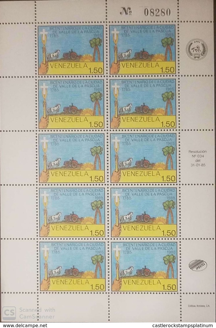 O) 1985 VENEZUELA, VALLE DE LA PASCUA - CITY -SC 1332. LANDSCAPE  - HORSE  -CAR . TREE, MNH - Venezuela