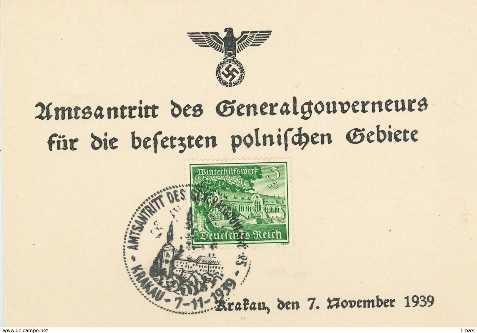 Krakau WHW Amtsantritt Des Generalgouverneurs Krakau 7.11.1939 Sonderstempel - Besetzungen 1938-45