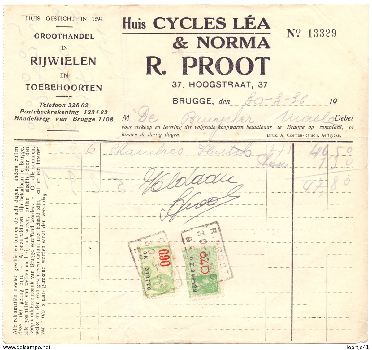 Factuur Facture - Fietsen Cycles Lea & Norma - R. Proot - Brugge 1936 - Transports