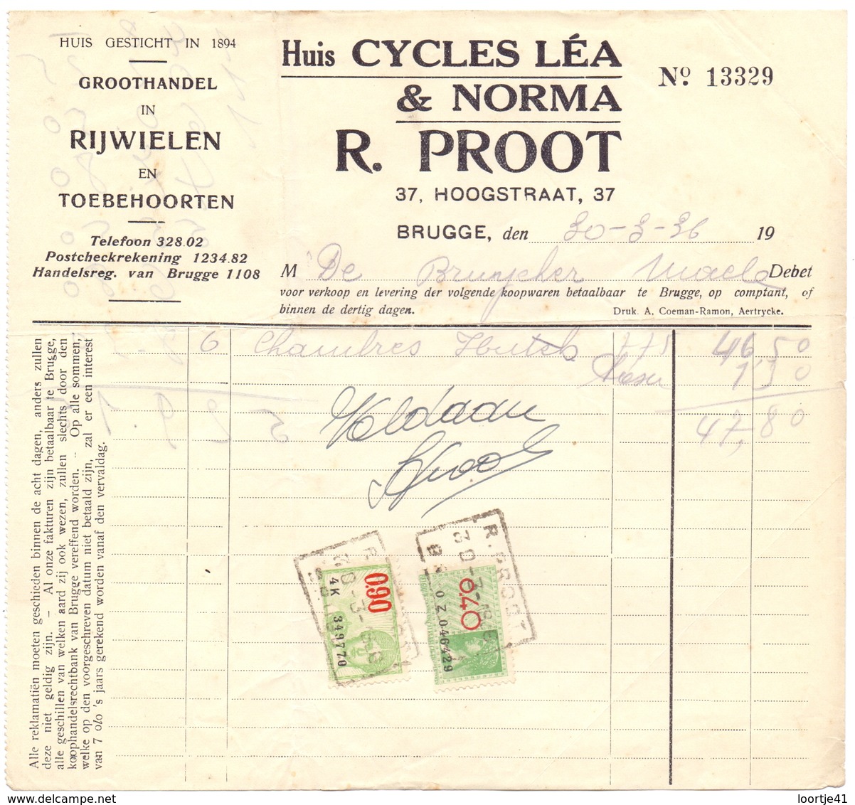 Factuur Facture - Fietsen Cycles Lea & Norma - R. Proot - Brugge 1936 - Transportmiddelen
