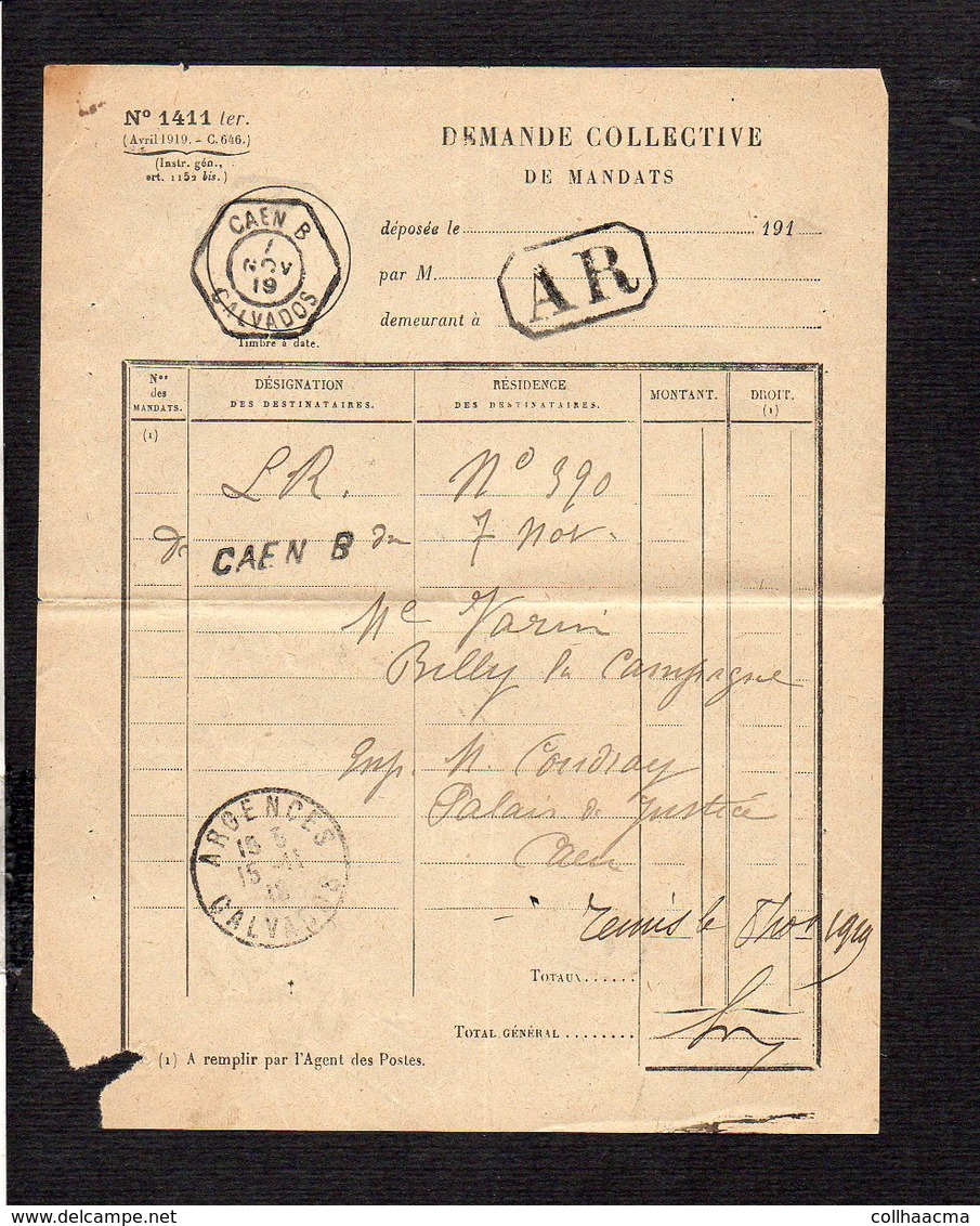 1919 Demande Collective De Mandats / CAD Recette Auxiliaire Urbaine Caen B Sur Semeuse Pour Argences En A.R. - Cachets Manuels