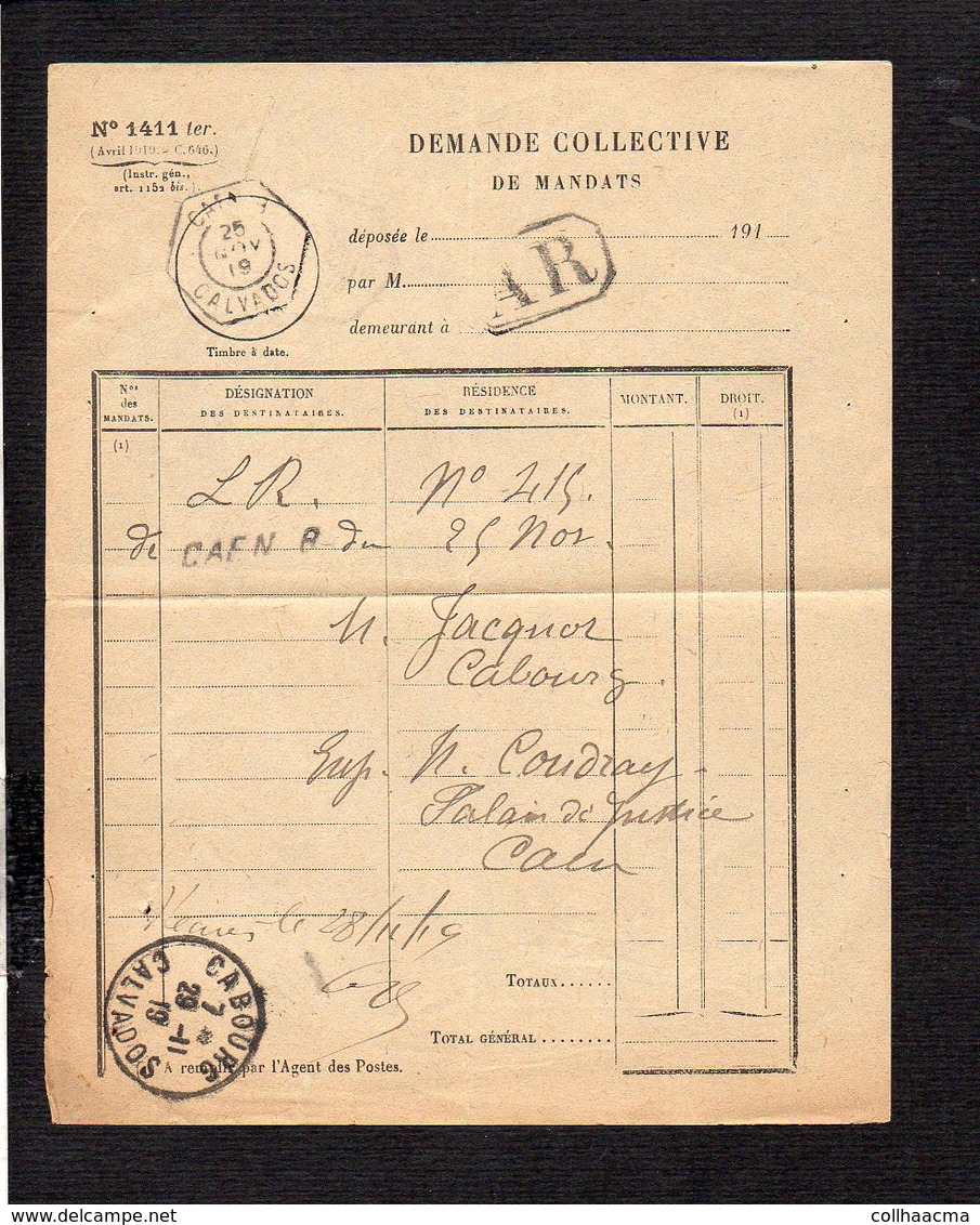 1919 Demande Collective De Mandats / CAD Recette Auxiliaire Urbaine Caen B Sur Semeuse Pour Cabourg En A.R. - Cachets Manuels