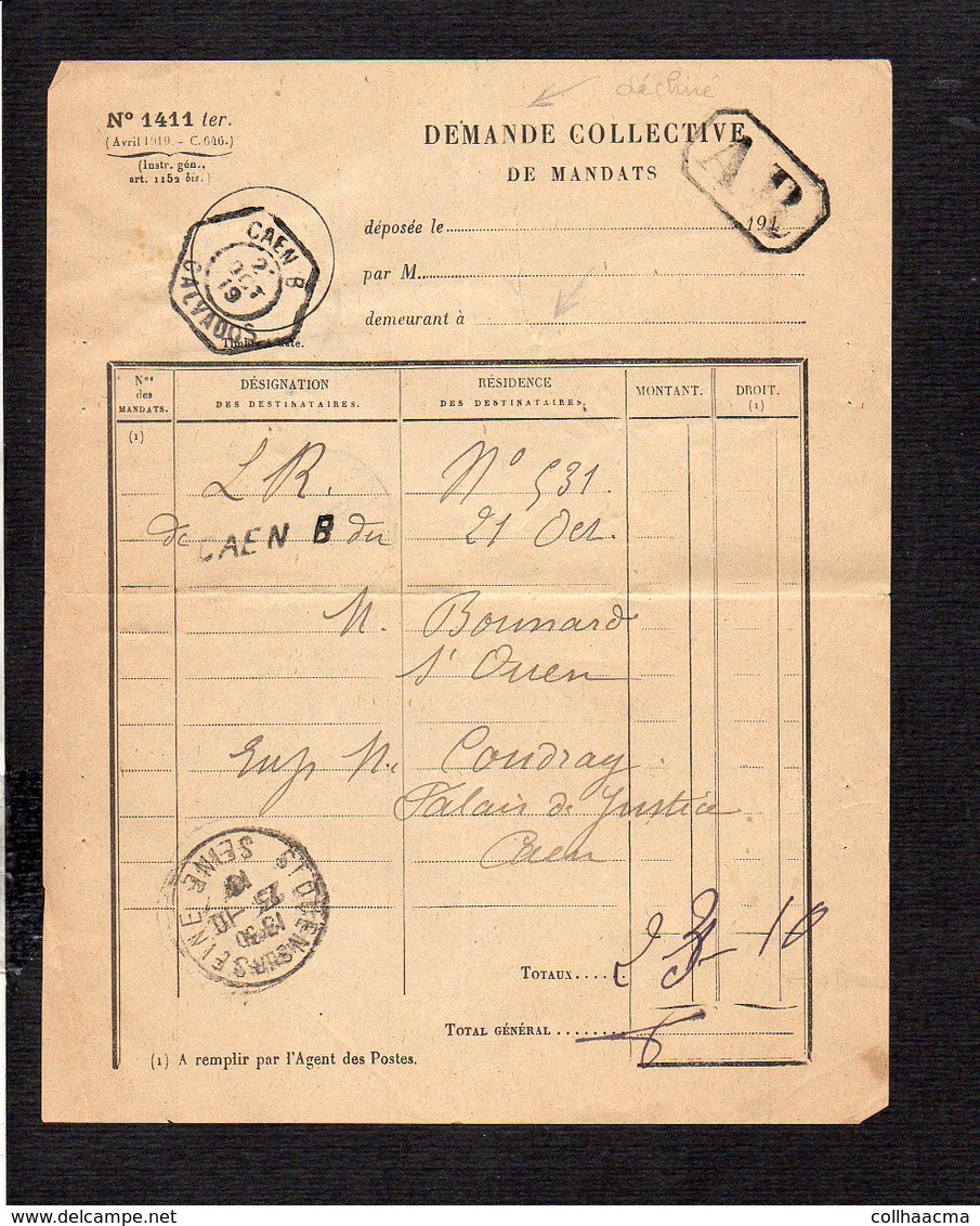 1919 Demande Collective De Mandats / CAD Recette Auxiliaire Urbaine Caen B Sur Semeuse Pour St Ouen Sur Seine En A.R. - Cachets Manuels