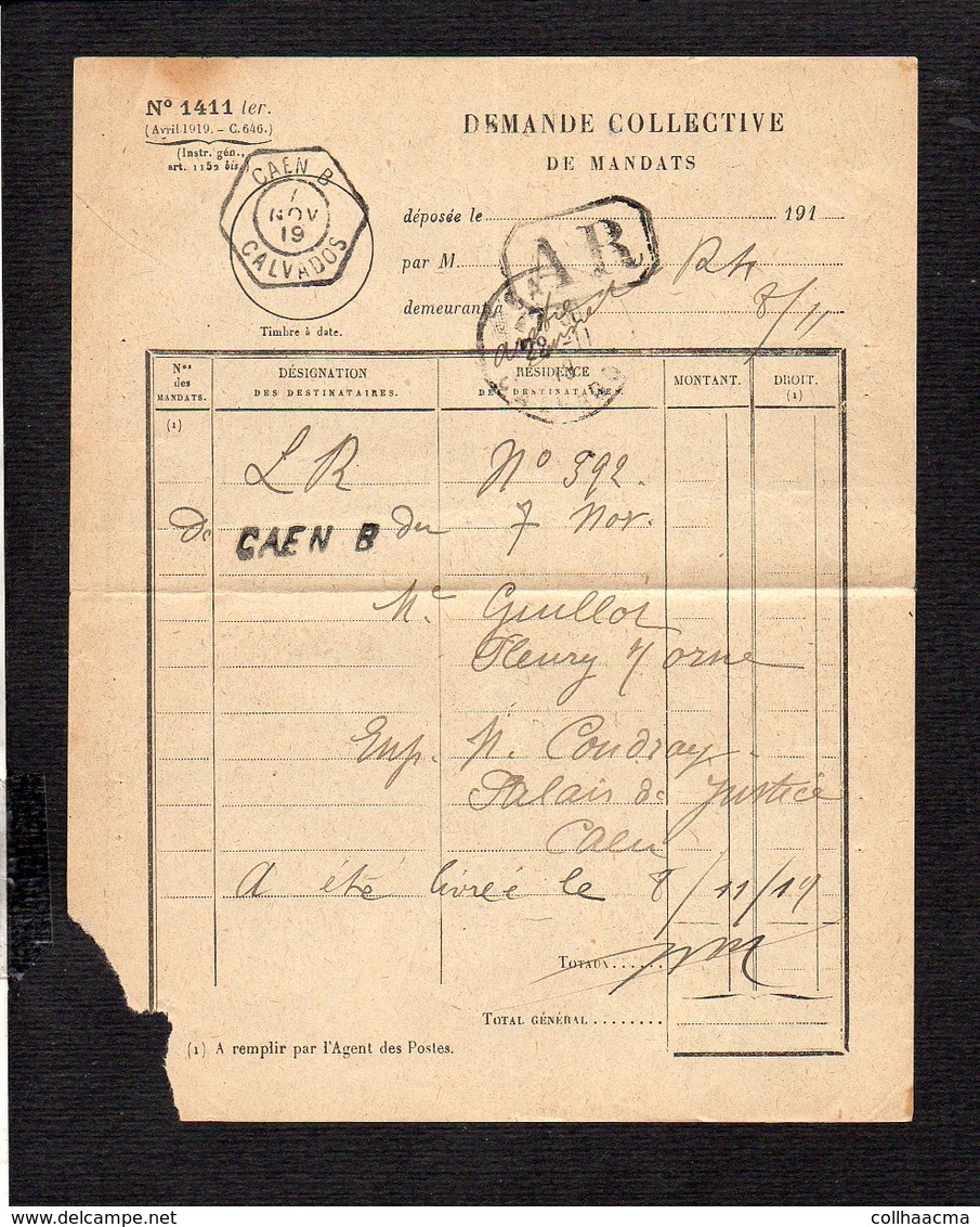 1919 Demande Collective De Mandats / CAD Recette Auxiliaire Urbaine Caen B Sur Semeuse Pour Fleury Sur Orne En A.R. - Handstempel