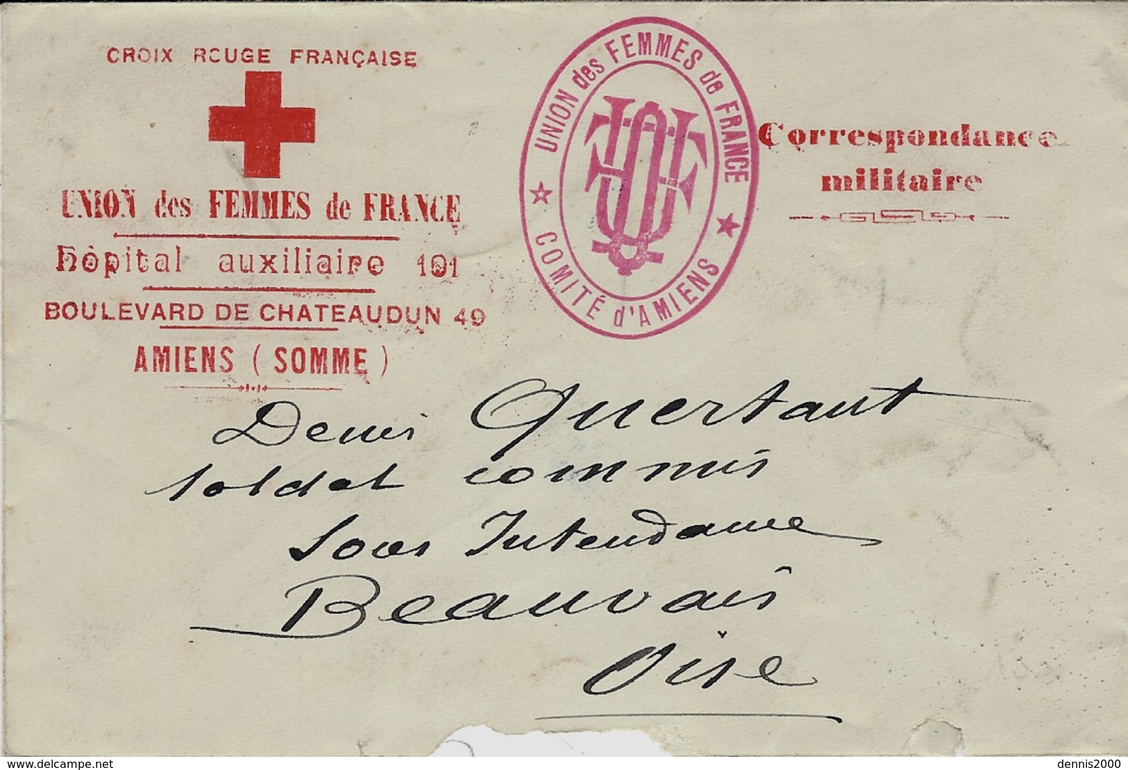 1915- WWI - Enveloppe En F M  Croix Rouge Française - Hôpital Auxiliaire  101  / AMIENS ( Somme ) - Guerre De 1914-18