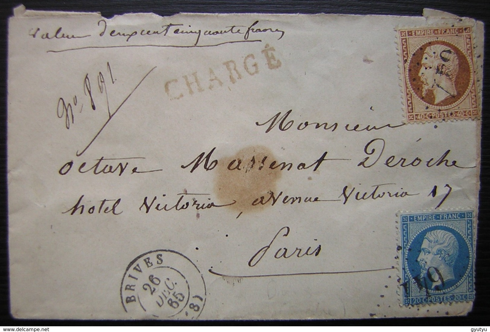 Brives (Corrèze) 1865 Lettre Chargée Valeur 250 Francs Timbres à 40 Centimes Et à 20 Centimes Gc 647 - 1849-1876: Période Classique