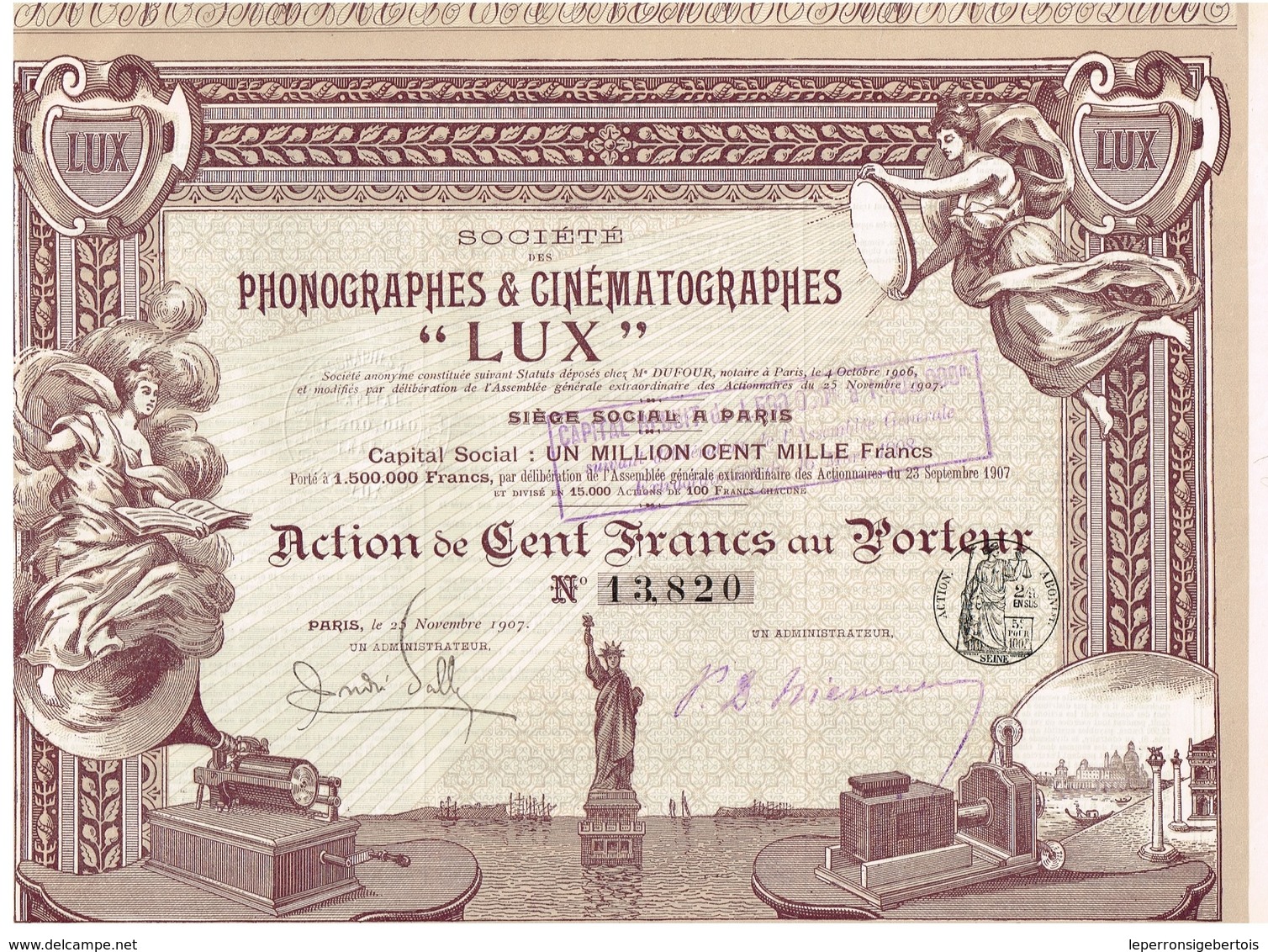 Titre Ancien - Société Des Phonographes & Cinématographes "LUX" -Titre De 1907 - DECO - Cine & Teatro